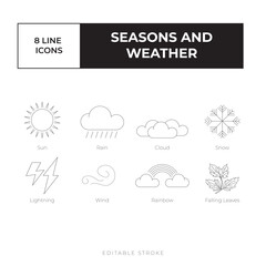 Seasons and weather line icon set vector simple, black and white vector icon bundle 