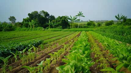 Fototapeta premium Rows of green crops growing in a lush, verdant farmland with trees and hills in the background.