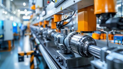 Naklejka premium High-Tech Manufacturing: Illustrate a high-tech manufacturing facility with automated machinery, efficient production lines,