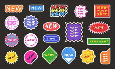 Retro stickers. New label pack. Y2K symbols. Retro circle brand icons. Sale tags. Creative arrival trendy shapes. 90s color stamps. Store sticky patches. Vector product sale marks set