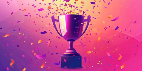 Trophy with confetti, flat design top view theme victory animation vivid