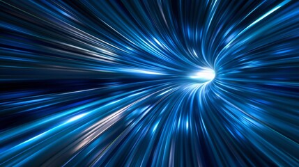 Futuristic warp speed effect dynamic light streaks blend dark blue and light blue hues, converging into a radiant center.