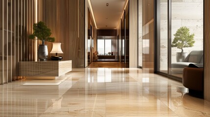Spacious and warmly lit hallway in a modern home with wooden floors and elegant minimalist decor.