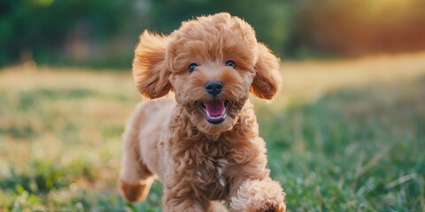 Fototapeta premium Fluffy puppy plays in meadow outdoors on green grass, happy, purebred, cute, and adorable.