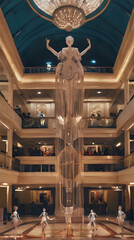 a many statues of people in a building with a chandelier