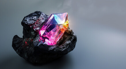 A radiant pink crystal embedded in dark stone, glowing with vibrant colors and emitting a bright sparkle