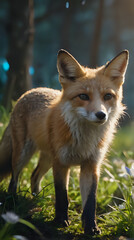 Fototapeta premium a fox standing in the grass with a blurry background