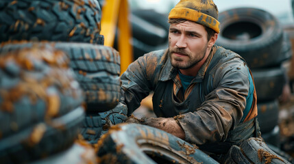 Obraz premium Male worker handling old car tyres at recycling plant. He is dressed in protective workwear, piles of tyres are visible in the background