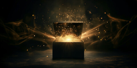 An open black box emitting a burst of glowing golden sparks and light, symbolizing mystery, magic, and surprise, perfect for a Black Friday shopping concept