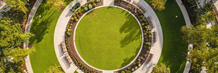 An aerial photograph showcasing a circular grassy area within a community gathering space, surrounded by lush greenery and a winding concrete path