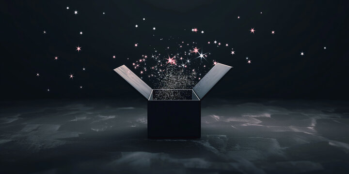 An open black box releasing sparkling light and stars into a dark, magical atmosphere, symbolizing mystery and surprise, ideal for a Black Friday shopping concept