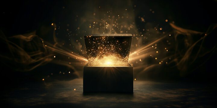 An open black box emitting a burst of glowing golden sparks and light, symbolizing mystery, magic, and surprise, perfect for a Black Friday shopping concept