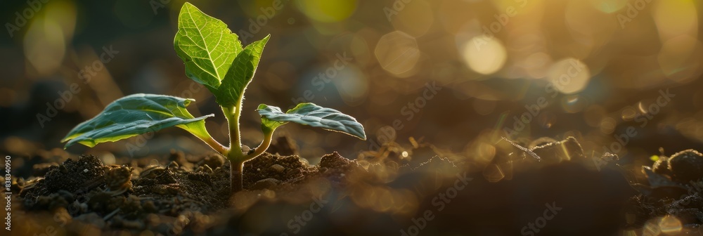 Wall mural a closeup photograph of a young seedling emerging from the soil, bathed in the soft glow of sunlight - Wall murals