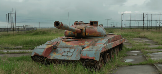 An old, rusted tank abandoned in a field overgrown with grass, depicting decay and the passage of time