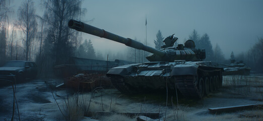 Abandoned tank in a misty, overgrown landscape with frost, evoking a sense of desolation and forgotten warfare