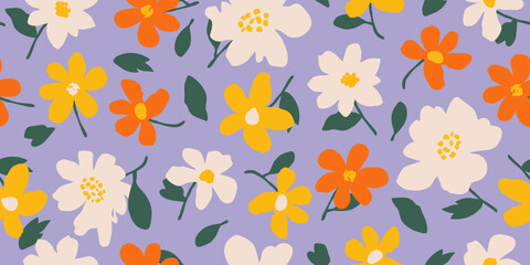 Obraz premium Hand drawn cute flowers, seamless patterns with floral for fabric, textiles, clothing, wall art, wallpaper, cover, banner, poster, interior decor, natural backgrounds.