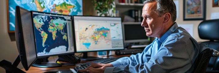 A man sits at a desk in an office, using a computer to analyze geographic data with maps displayed on the screen
