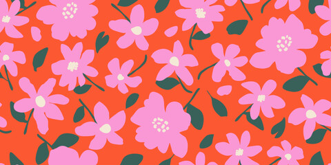 Hand drawn cute flowers, seamless patterns with floral for fabric, textiles, clothing, wall art, wallpaper, cover, banner, poster, interior decor, natural backgrounds.