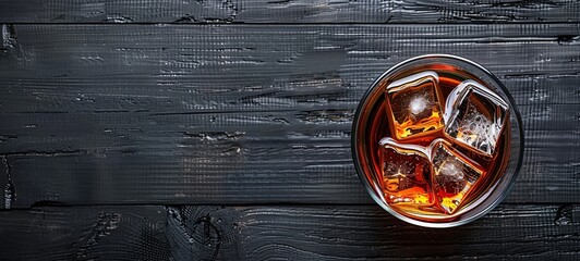 Whiskey with ice in a glass. Rum-Cola. Brandy. On a black wooden background. View from above. place for text. 