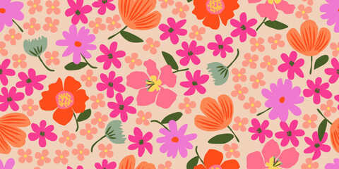 Hand drawn cute flowers, seamless patterns with floral for fabric, textiles, clothing, wall art, wallpaper, cover, banner, poster, interior decor, natural backgrounds.