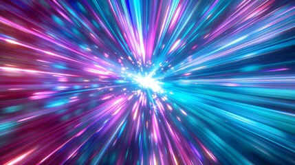 Obraz premium Vibrant light streaks in cosmic colors converge into a brilliant center, creating a sci-fi warp speed effect.