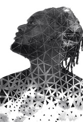 A black and white paintography profile of a man merged with geometrical pattern