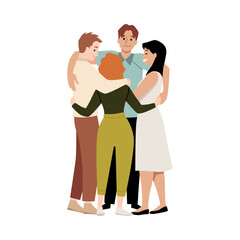 Young people group hug, vector cartoon happy men and women hugging together, support team, friends embracing in circle