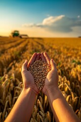hands holding grain on blurred wheat field and combine harvester background, rich harvest time concept, agricultural banner, farm wallpaper