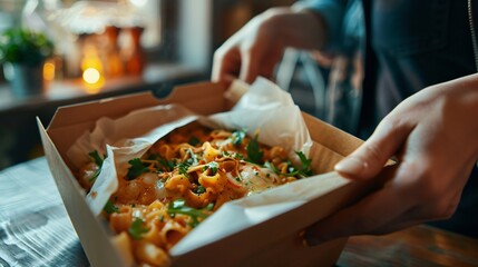 Close up of a person opening the delivery box, unboxing the food