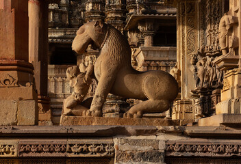 Beautifully designed statue of a lady and a lion, the lion temple in the premises of Kandariya...