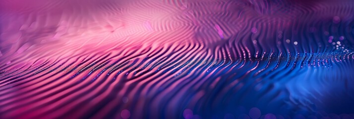 Close-up abstract image of a digital biometric fingerprint pattern, featuring a blue to purple gradient with blurred lights in the background - Powered by Adobe