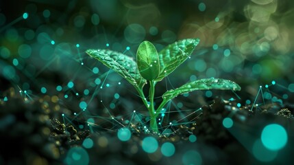 A young plant sprouting in soil with glowing digital nodes surrounding it, representing technology's role in agricultural growth.