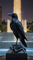 a black bird sitting on a rock in front of a fountain