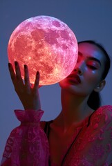 Naklejka premium Woman Holding Illuminated Moon Lamp In A Dark Room. Generative AI