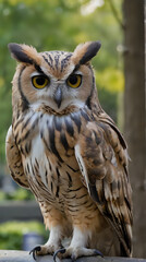 Obraz premium a owl sitting on a ledge with trees in the background