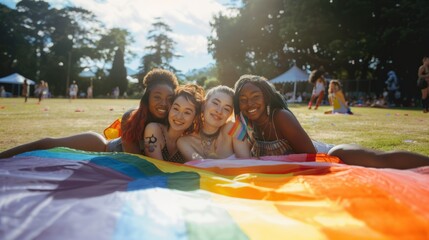 Obraz premium Diversity female group cheerful young group of women with rainbow flag gay pride while leisure in the park