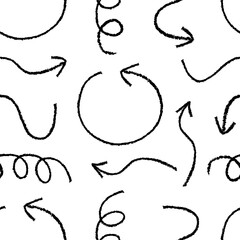 Abstract seamless pattern with quirky doodle arrows. Vector outline background of crayon pencil doodles. Cute naive squiggle lines