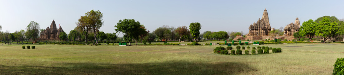 A panoramic view of Kandariya Mahadeva, Jagdamba &  Lakshmi Temples in the Khajuraho temple complex, India