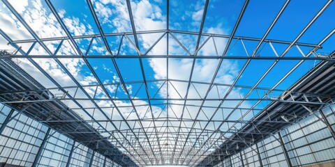 Structure of steel roof truss under the construction building with beautiful sky, site of construction