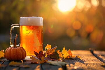 Autumn evening with craft beer and colorful leaves on wooden table