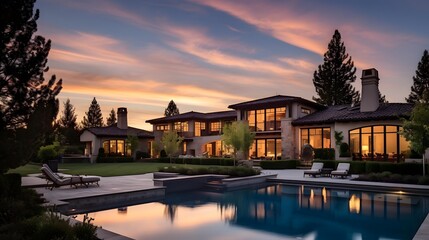 Panorama of a luxury house with swimming pool in the evening.