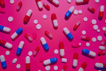 Colorful pills and capsules on pink background