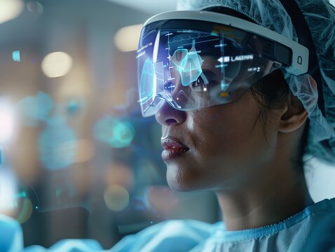 Female doctor wearing VR headset, looking at digital data. - Powered by Adobe
