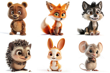 Fototapeta premium Cute 3D Baby Forest Animals Set Illustrations
