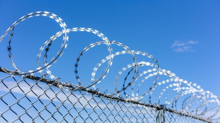 Blue sky over security fence with razor wire
