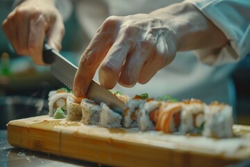 Chef cutting sushi rolls with a sharp knife, the precise slices revealing beautiful interiors generated by AI