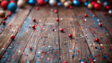 a wooden table with striking red, white, and blue decorations, ideal for showcasing products with flair