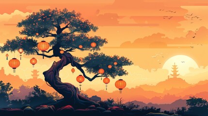 Obraz premium Tranquil landscape with traditional lantern-decorated tree at sunset, evoking peace and natural beauty.