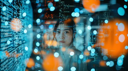 Asian woman in a control room, with the reflection  abstract binary code