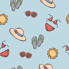 Bright seamless summer pattern with hat, sun and swimsuit. Vector editable background for gift paper.